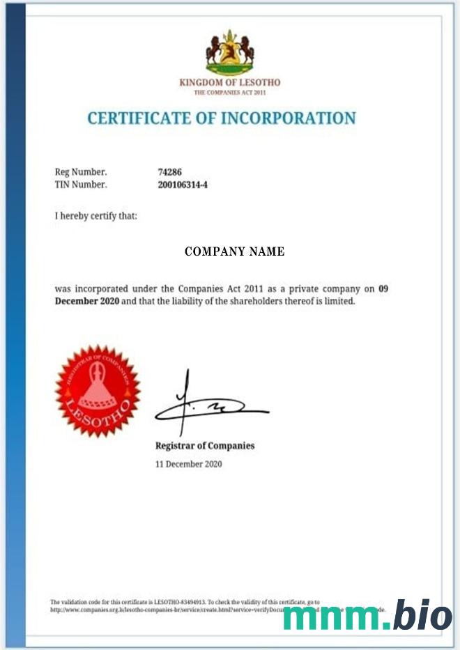 Lesotho vcertyfikat of inkorporacja Word i szablon PDF